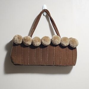 Vintage pompom embellished velvet Chocolate Brown shoulder bag